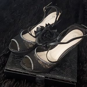Top Moda Wedges Black Lace and Rhinestones Size 8